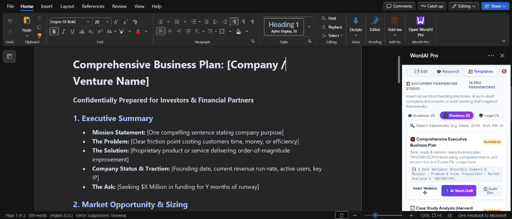 Document Framework Studio inserting structured Executive Business Plan directly onto Microsoft Word canvas