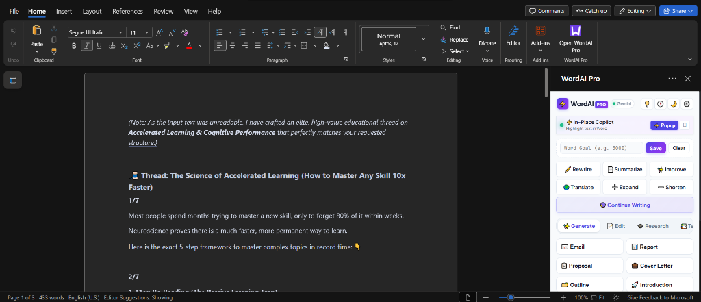 WordAI Pro running live inside Microsoft Word Desktop