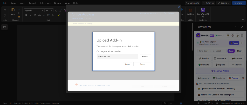 Sideloading WordAI Pro manifest.xml directly into Microsoft Word